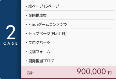 [CASE2]総ページ15ページ・企画構成費・Flashゲームコンテンツ・トップページ(Flash付)・ブログパーツ・投稿フォーム・開発担当ブログ 合計90万円