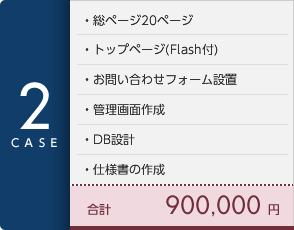 [CASE2]総ページ20ページ・トップページ(Flash付)・お問い合わせフォーム設置・管理画面作成・DB設計・仕様書の作成 合計90万円