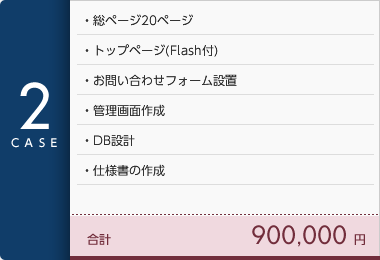 [CASE2]総ページ20ページ・トップページ(Flash付)・お問い合わせフォーム設置・管理画面作成・DB設計・仕様書の作成 合計90万円