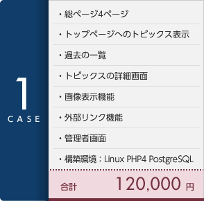 [CASE1]総ページ4ページ・トップページへのトピックス表示・過去の一覧・トピックスの詳細画面・画像表示機能・外部リンク機能・管理者画面・構築環境:Linux PHP4 PostgreSQL 合計12万円