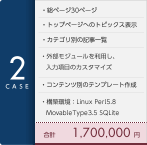 [CASE2]総ページ30ページ・トップページへのトピックス表示・カテゴリ別の記事一覧・外部モジュールを利用し、入力項目のカスタマイズ・コンテンツ別のテンプレート作成・構築環境:Linux Perl5.8 合計170万円
